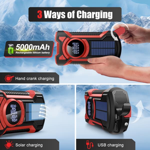 Aurinkoenergialla toimiva hätäradio käsikammella, AM/FM/sää, Bluetooth, taskulamppu, 5000 mAh red