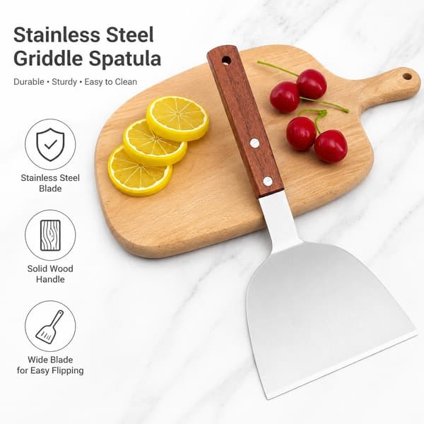 Hamburgerpalet i rustfrit stål med træhåndtag, ergonomisk, varmebestandig, til grill og stegeplade