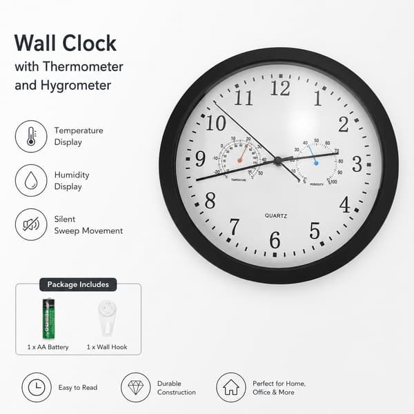 Veggklokke med termometer og hygrometer, 30 cm, stillegående, svart