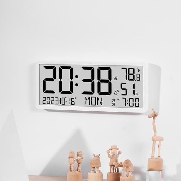 Modern LCD-väggklocka med alarm, termometer, evighetskalender, stor skärm, batteridriven 9554 black