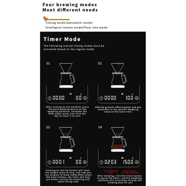 Digital kaffevægt med timer, 0,1g præcision, LED-display, Auto/Smart Espresso/Flow-tilstande, Sort