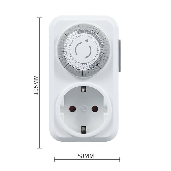 Mekanisk plug-in tidsbryter, 30 min til 24 timer, energibesparende, 250VAC 10A, hvit