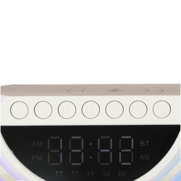 LED-lamppu langattomalla laturilla, radiolla, Bluetooth-kaiuttimella, herätyskellolla, valkoinen
