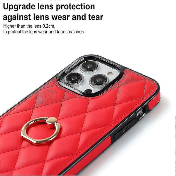 PU Läder+TPU Telefonfodral för iPhone 13 Pro Max, Sydd Romber Ringhållare Ställ Telefonöverdrag Red