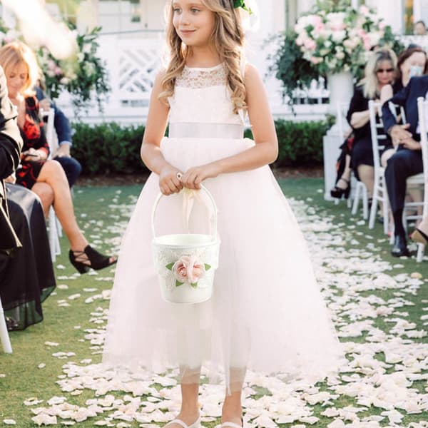 Blomsterkurv og Ringpute Sett, Rosa Hvit Blonder, Bryllupsseremoni