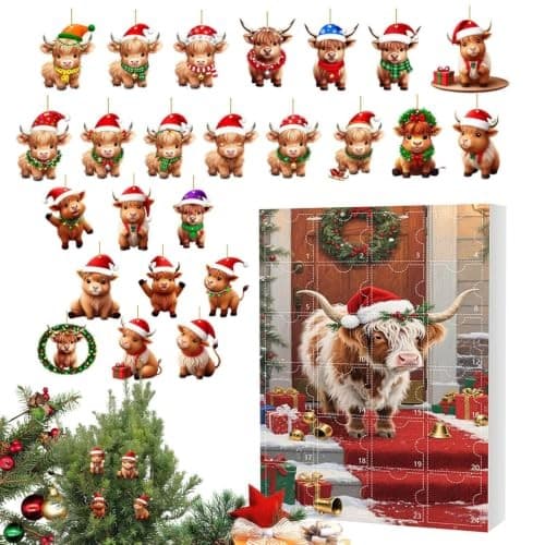 Highland Cow julnedräkningsprydnad, Blind Box H, Akryl 2D platt dekoration