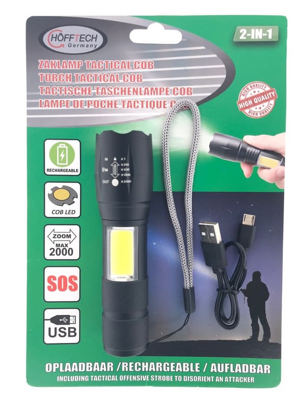 Taktinen taskulamppu 5W LED + 3W COB, ladattava, 1200mAh, 5 tilaa, USB-C
