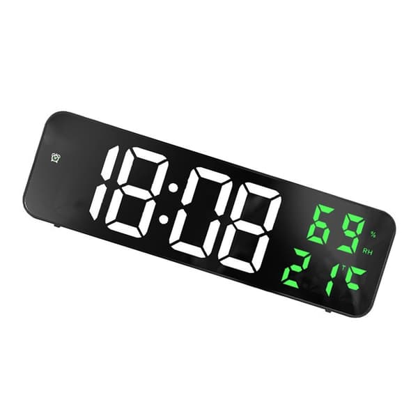 Stor digital LED-väckarklocka, vit och grön, spegelskärm, väggmonterad med stickkontakt