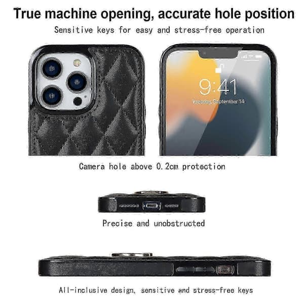 PU-lær + TPU-telefondeksel til iPhone 13 Pro Max, sydd rombe-ringholder med støtte Black