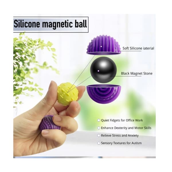 Sensoriska stressbollar i silikon med magnet, 4-pack, lila, 2,5 cm fidgetleksak, bärbar förvaringsväska Purple