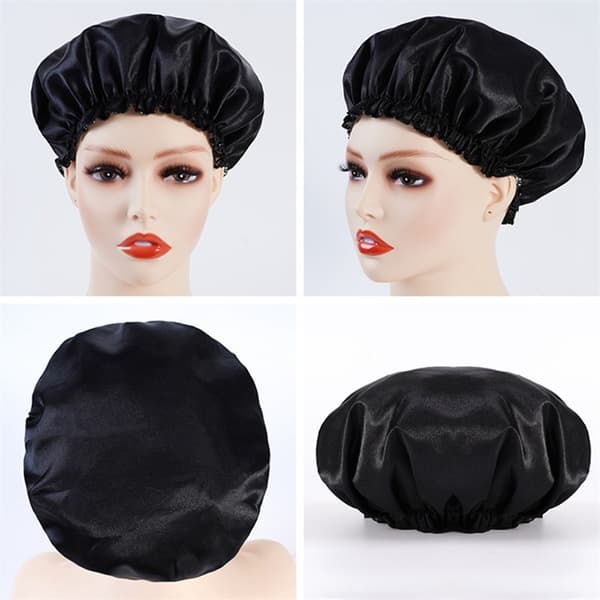 Satin Sovehætte, Sort, Justerbar 50 cm, Hårbeskyttelse, Blød og Åndbar