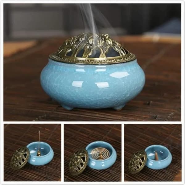 Blå keramisk rökelsebrännare, traditionell trebent design, multifunktionell, inomhusbruk