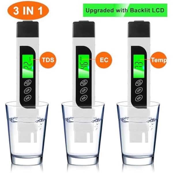 TDS-måler Digital Vandtester, 3 i 1 EC- og Temperaturmåler, 0-9990 ppm, LCD-baggrundsbelysning