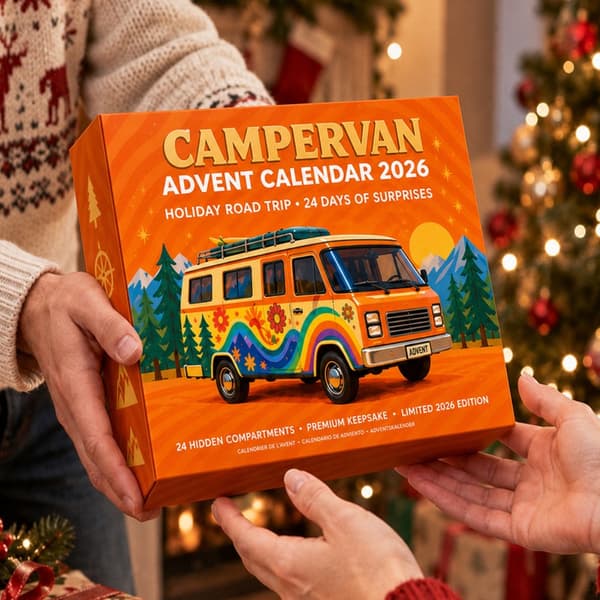 Julkalender med 24 minibilar, Hippie Camper husbil 3D-blindbox, PVC, 28x22x3,5 cm