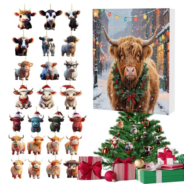 Julkalender med skotsk höglandsboskap, 24-dagars nedräkning, 2D akrylornament, Stil A