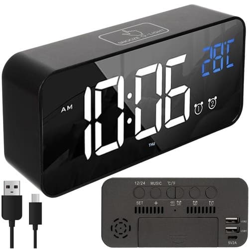 Digital vekkerklokke med Bluetooth, termometer, musikk, LED-skjerm, slumrefunksjon, lydaktivert