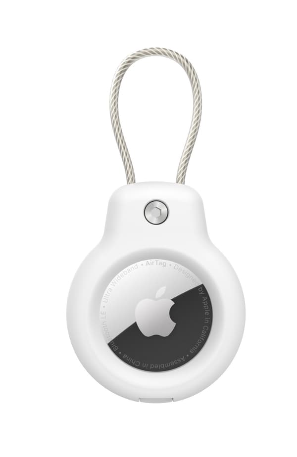 Apple AirTag-deksel med stålkabel, hvit, rustfritt stål og PC, nøkkelringholder