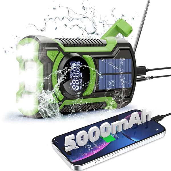 Aurinkoenergialla toimiva hätäradio käsiveivillä, AM/FM/Sää, Bluetooth, taskulamppu, 5000 mAh