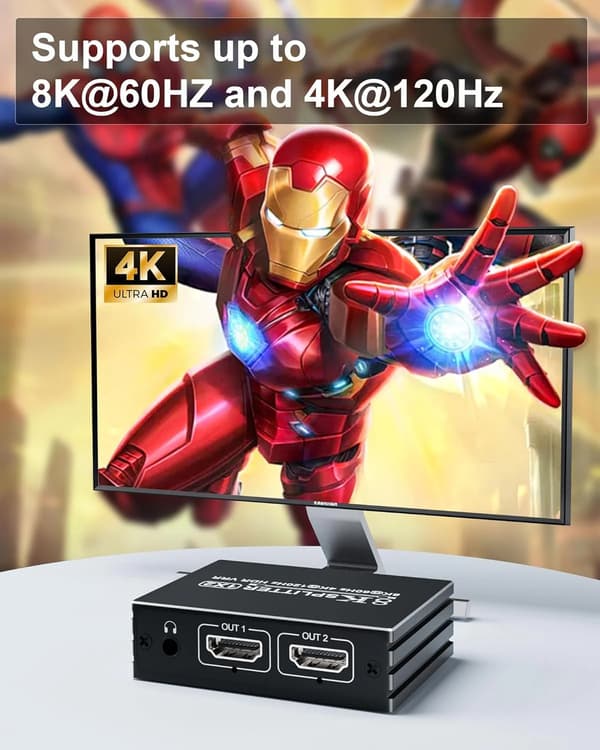 8K HDMI 2.1 Splitter 1 ind 2 ud til dobbelte skærme, HDR10+ understøttelse, 8K@60Hz, HDCP 2.3