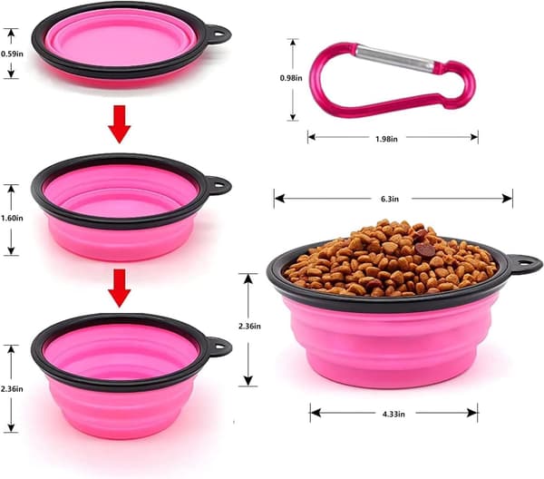 Sammenklappelig bærbar hundeskål til katte og hunde, foder- og vandskål til kæledyr med karabinhage Pink Medium(650ML)