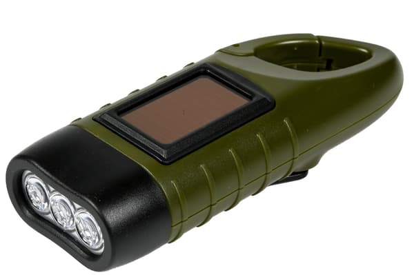 3 LED lommelygte med karabinhage, sol- og dynamodrevet, kompakt campinglampe