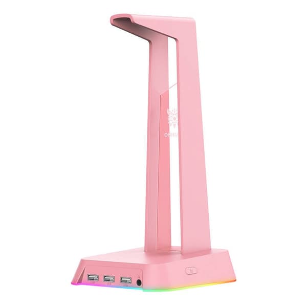 RGB Gaming Headset Stand, Pink, med USB Hub og Audio Port, Stabil Hovedtelefonholder