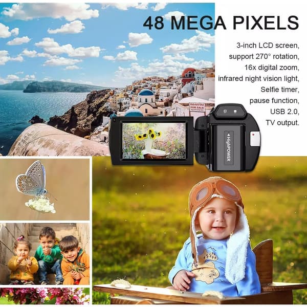 4K videokamera, 48MP, 16x zoom, vidvinkelobjektiv, 32GB kort, mikrofon, sort