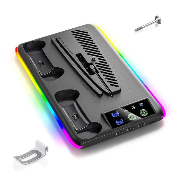PS5 PS5 Slim Kjøleviftestativ, Dobbel Kontrollerlader med LED, 3 USB-porter Black