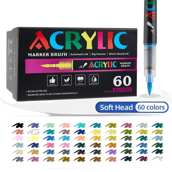 Akryl tuschpenne med blød spids, 60-pak tegneblyanter til studerende og kunstnere, papir, træ, glas