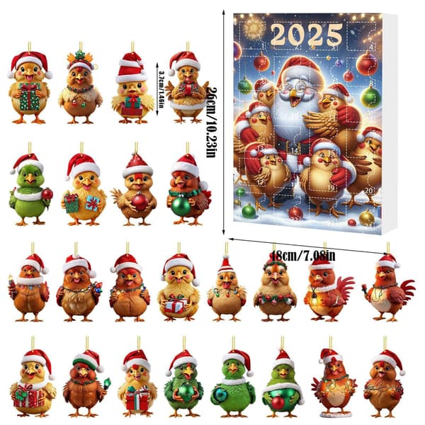 Kyllingpynt Julekalender, 24-dagers Nedtelling til Jul, Stil E, Akryl Tre-sjarm