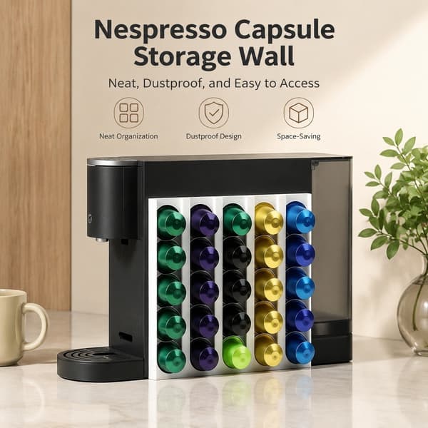 Kaffekapselholder til Nespresso, 25-kapacitet, selvklæbende vægmontering, plast, sort/hvid 25 nesp