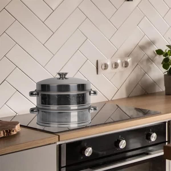 Dobbeltlags dampkurv i rustfrit stål med låg 20 cm til dumplings og boller