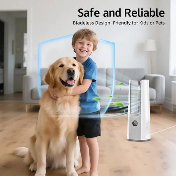 Bladeless tårnventilator, 9 hastigheder 60° oscillation, genopladelig bordventilator til kontor og soveværelse white