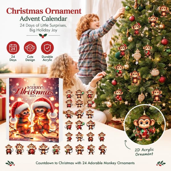 Julepynt adventskalender, ape, 2D akryl, stil D