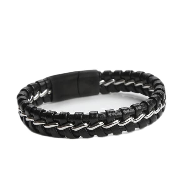 Flätat PU-läderarmband för män, svart, rostfritt stål, mode, storlek M