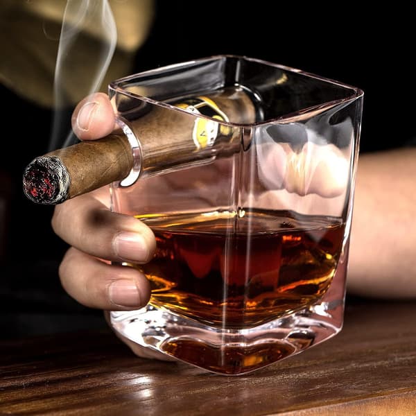Whiskyglas set om 2, 350 ml Old Fashioned med cigarrstöd, Scotch Bourbon present till män