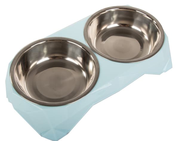 Dobbelt kæledyrsskål, 2x350 ml, rustfrit stål, spildfri, plastbase, hund & kat
