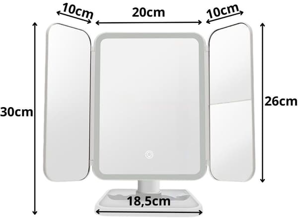 LED Sminkespeil, Sammenleggbart, 3 Lysfarger, USB Oppladbart, 52 LED, Berøringskontroll, 3x Zoom