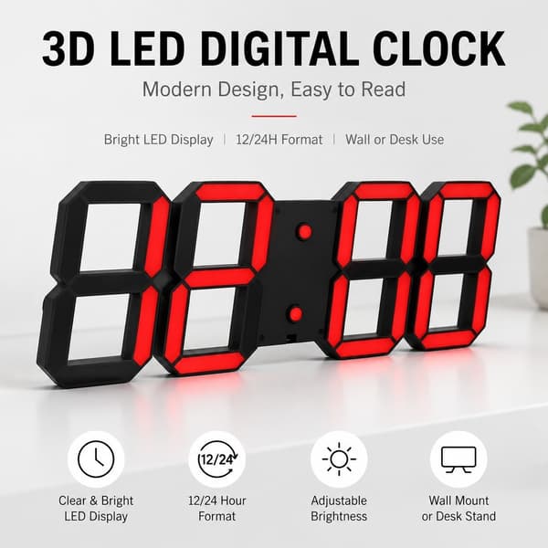 LED Hulrom Veggklokke, 3D Digital, Intelligent Dimming, Multifunksjon, 100-240V UK Plugg