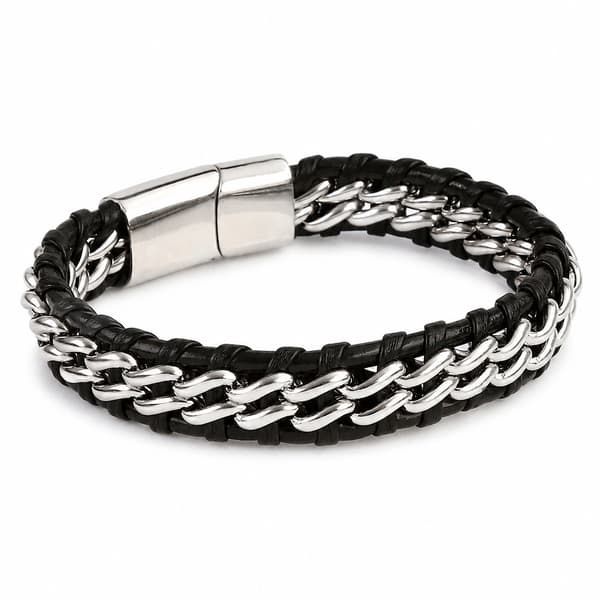 Flätat PU-läderarmband, svart och vitt, rostfritt stål, unisex-stil
