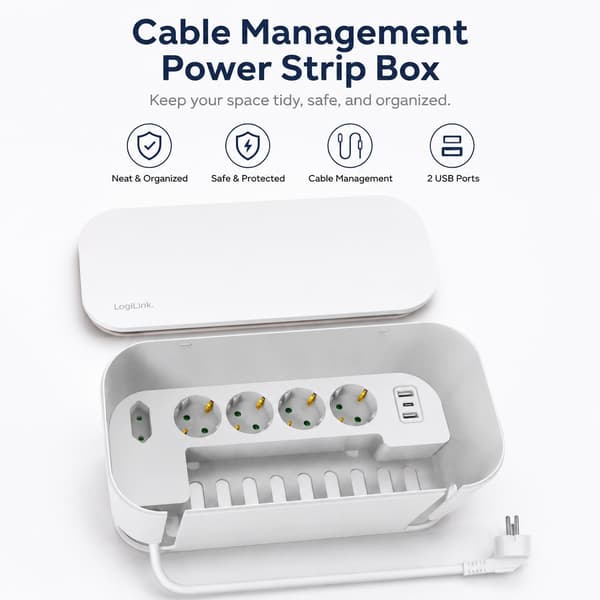Kabelhåndteringsboks med strømskinne, 5 uttak, 3 USB-porter, hvit