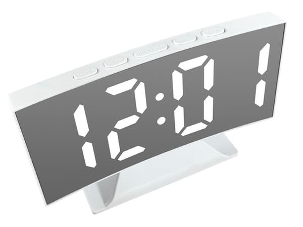 Digital LED Vekkerklokke med Speildisplay, USB, Hvit, Termometer