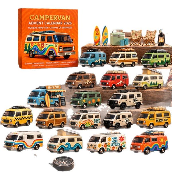 Julkalender med 24 minibilar, Hippie Camper husbil 3D-blindbox, PVC, 28x22x3,5 cm