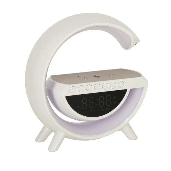 LED-lamppu langattomalla laturilla, radiolla, Bluetooth-kaiuttimella, herätyskellolla, valkoinen