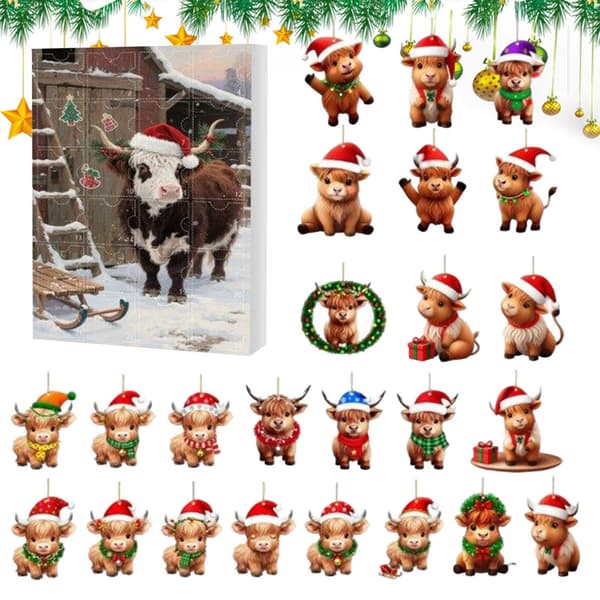Julekalender med Highland-ku, 2D akryl, 24 dagers nedtelling, festdekorasjon K