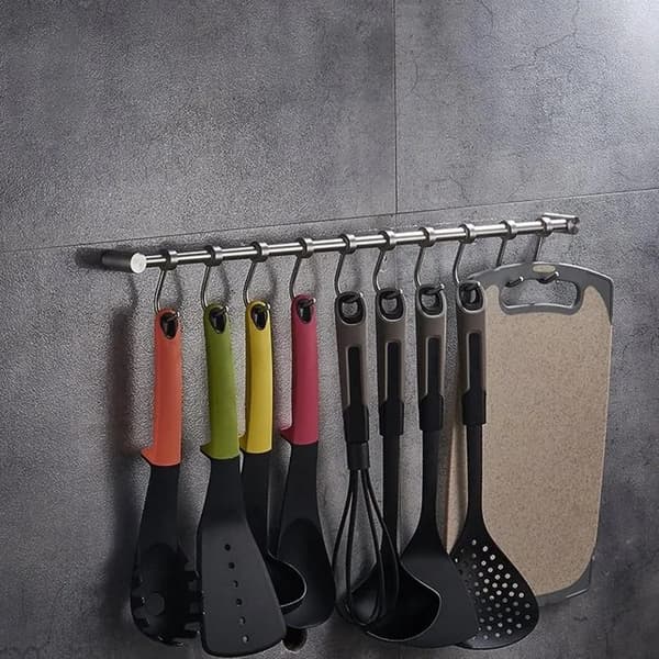 Köksskena i rostfritt stål, 40 cm, 7 krokar, silver, väggmonterad organiserare