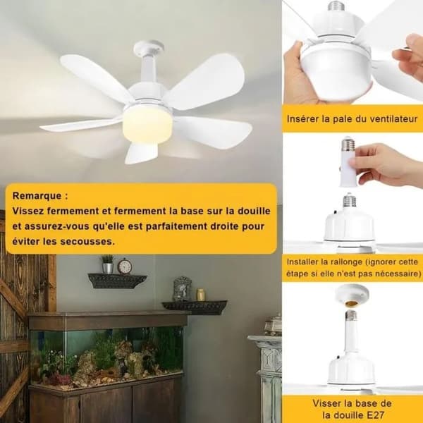 50 cm fatningsventilator med E27-base, LED-lysventilator til badeværelse, køkken, soveværelse, garage, 1 pakke