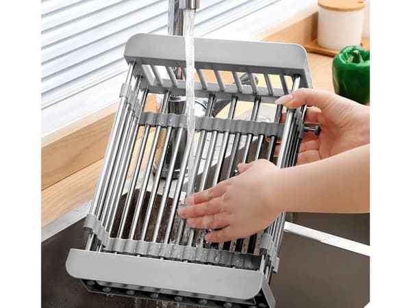 Teleskopiskt diskställ, grå, justerbar diskho för frukt och grönsaker, köksorganisatör