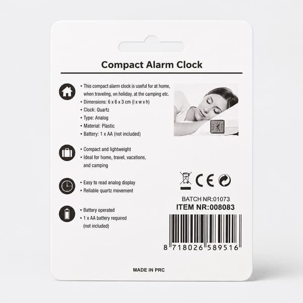Kompakt analog väckarklocka, plast, liten reseklocka, 6x6x3 cm