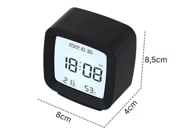 Vækkeur med dato, temperatur og luftfugtighed, LCD-display, snooze-funktion, sort Black